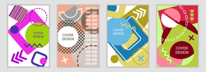 Bright background in Memphis style. Set of 4 geometric cover designs. Fashionable bright cover, banner, poster, booklet. Bright colors. 