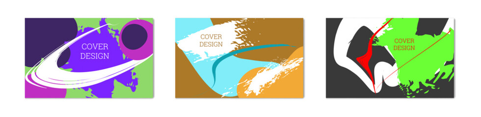 Paint strokes and geometric elements. Set of 3 multi-colored backgrounds. Notebook or notebook cover design. 