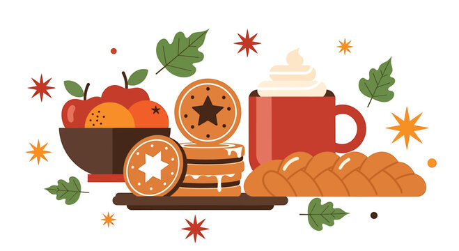 Festive Autumnal Food and Drink Collection Oranges, Cookies, Bread, and Hot Beverage