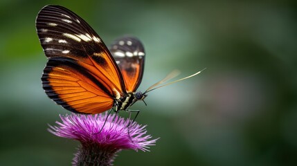 Fototapeta premium Detailed close up shows bright orange and black butterfly resting on a purple flower blossom