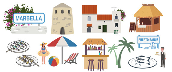 Description (English):
A colorful collection of Marbella-themed icons, including beach scenes, local food, chiringuitos, historic buildings, palm trees, and Puerto Ban&uacute;s elements. Perfect for travel, 