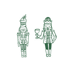Whimsical Christmas nutcracker illustration, doodle green vector, soldier cute christmas toy