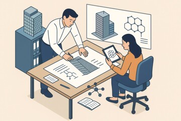 Architects collaborating on architectural design, integrating advanced nanomaterial technology for innovative building facades and sustainable construction