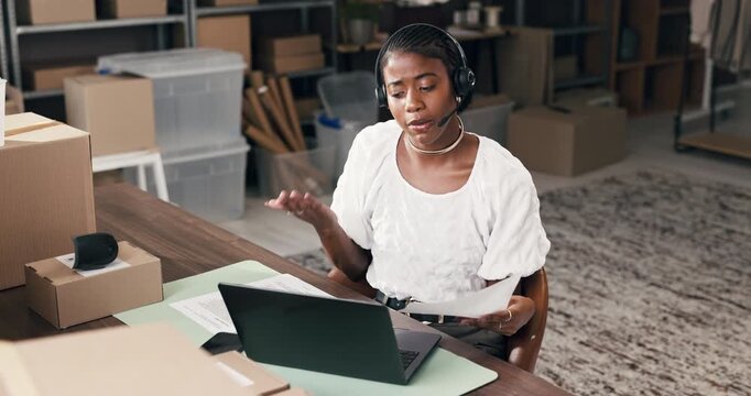 Laptop, woman and headset with paperwork in logistics for pricing enquiry, shipping FAQ and help. Supply chain, agent and talking to client in small business for delivery status and order processing