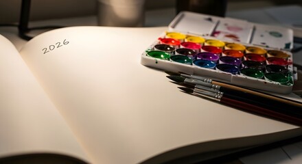 Open sketchbook with watercolor paints and brushes on table