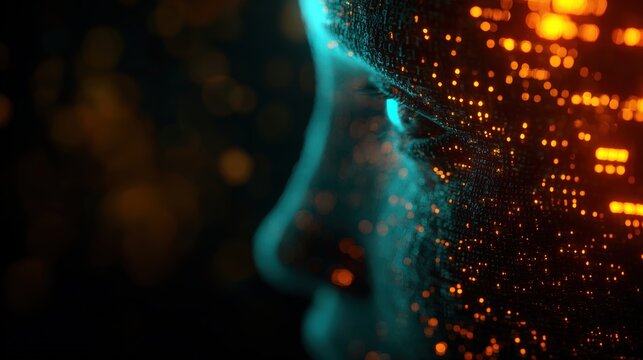AI Visualization with Human Silhouette in Binary Code and Neon Lights