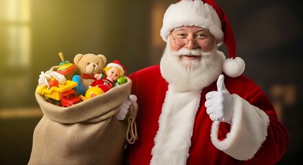 A cheerful Santa Claus in a red suit gives a thumbs-up while holding a sack full of toys for Christmas.