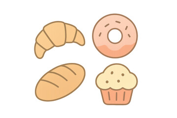 Assorted bakery items including croissant, donut, bread loaf, and cupcake as delicious food icons