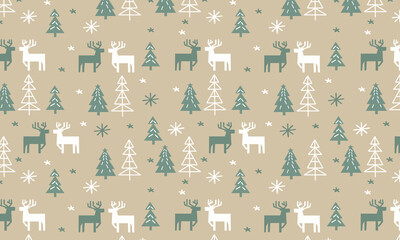 Seamless pattern with reindeer and fir trees in Scandinavian style, festive winter design, Christmas-themed decorative background. © Antonina