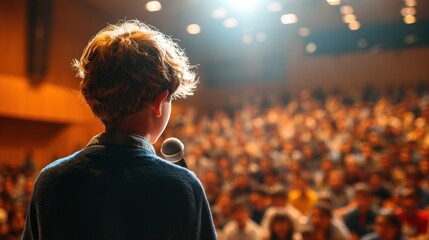 Confident Student in Academic Quiz Competition with Blurred Audience