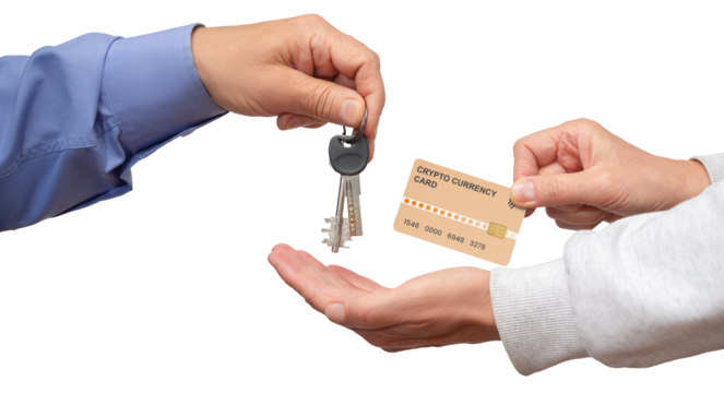 New homeowner receiving keys with cryptocurrency card during real estate transaction