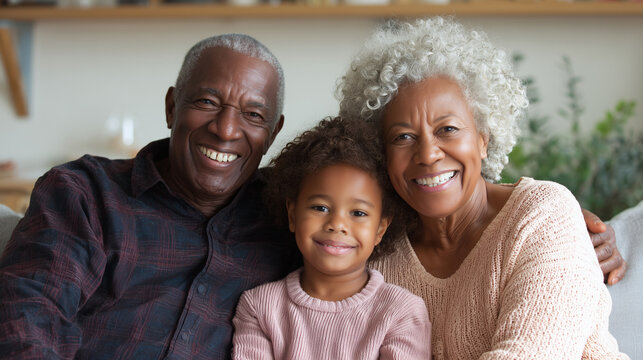 Portrait of afro american, afro, grandparents smiling with young grandchild. Heartwarming expression of love, cultural heritage, and generational connection in family setting. National grandparents da