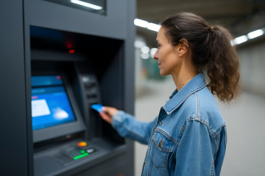Woman making contactless ATM transaction using bank card in modern urban environment for digital banking - Powered by Adobe