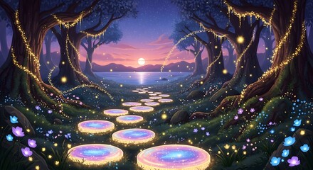 Enchanted forest path at sunset with glowing lights