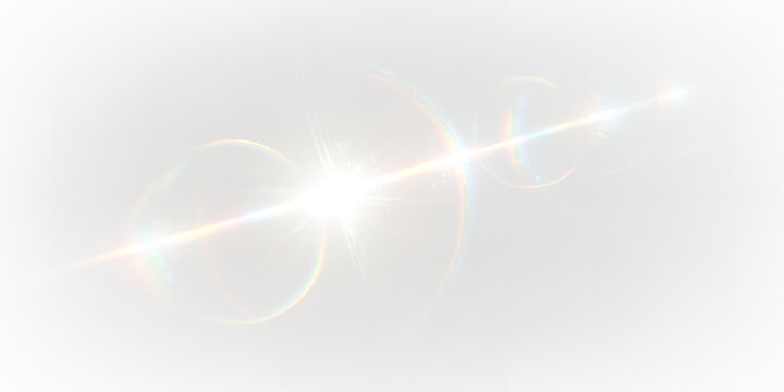 Bright light flare with colorful lens effects on a transparent background for artistic visual enhancement