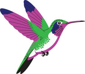 Stylized hummingbird with vibrant pink green and blue wings in flight animal flying vector illustration EPS file download.
