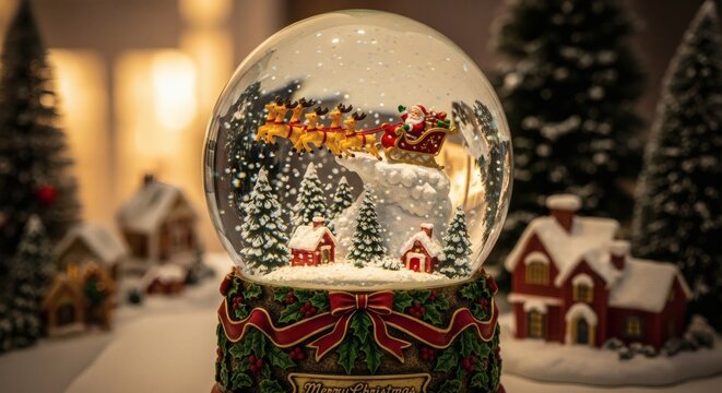 Festive Wonder: A charming snow globe depicts Santa Claus and his reindeer soaring over a whimsical winter village, creating a magical festive scene.