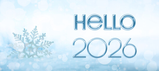 Merry Christmas and Happy New Year! Hello 2026 card with snowflake in snow and bokeh lights