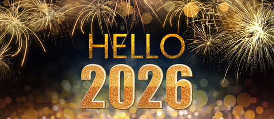 Merry Christmas and Happy New Year! Hello 2026 greeting card with fireworks and bokeh lights