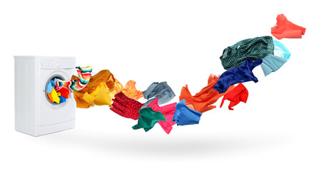 Washing machine and flying laundry on white background