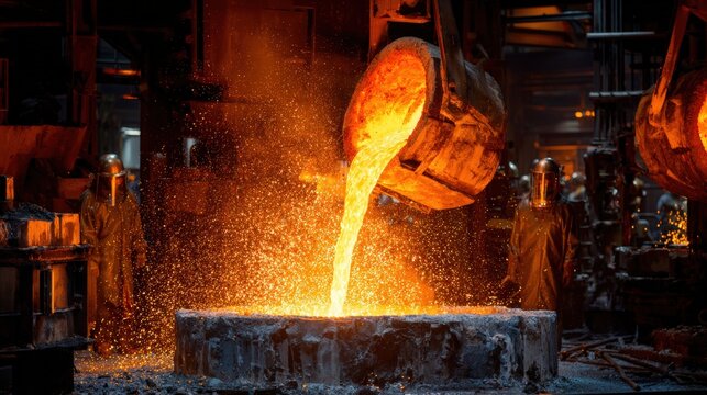 Molten Metal Pouring into Casting Mold in Dark Foundry with Workers