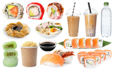 Asian food and drink isolated on white, collection
