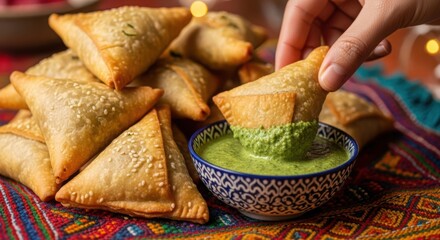 Crispy golden fried indian samosas with a delicious savory filling, served hot and fresh with vibrant green mint chutney for a delightful appetizer. illustration
