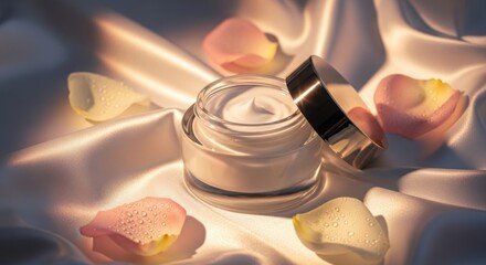 Luxurious white facial cream in open glass jar, metallic lid, delicate rose petals with water droplets on soft, elegant white silk. illustration