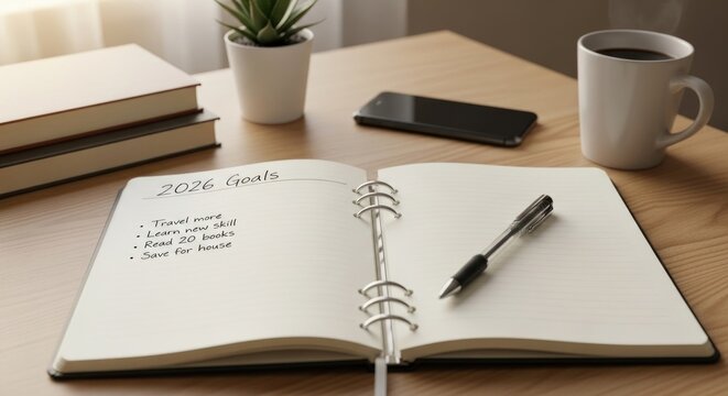 Open Notebook Planner with 2026 Goals Written and Pen on Office Desk - Powered by Adobe