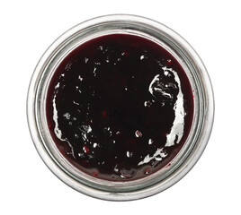 Black berry mixture jam in glass jar, blackberries, blueberries, chokeberry isolated on white background, top view