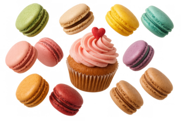 Assortment of vibrant macarons surrounding a cupcake with soft pink buttercream and a tiny red heart accent