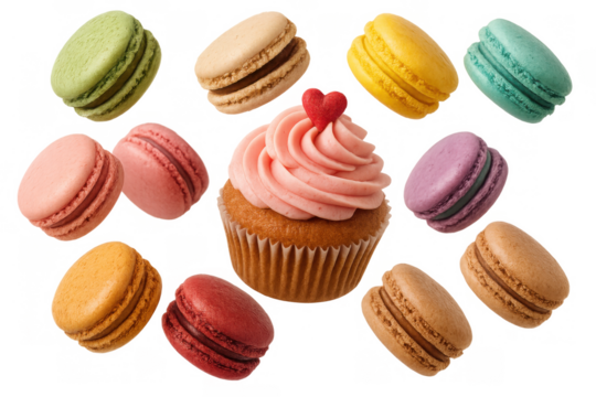 Assortment of vibrant macarons surrounding a cupcake with soft pink buttercream and a tiny red heart accent