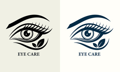Stylized Monochrome Eye Care Logo with Detailed Eyelashes and Natural Leaves Icon