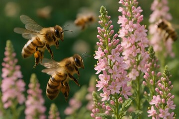 Honey bees flying, collecting pollen from pink spike flowers. Representing nature, spring, and the essential process of pollination