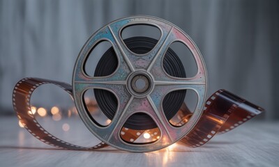 Vintage film reel with coiled film strip.  Muted colors and soft lighting highlight the aged, textured spool and film