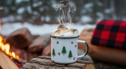 Cozy Campfire Cocoa: The enchanting scene of a steaming mug of hot cocoa, topped with perfectly roasted marshmallows, next to a crackling campfire, evokes the warmth and nostalgia of a cold day.