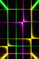 Abstract neon grid with vibrant green yellow and purple glowing lines on a dark background