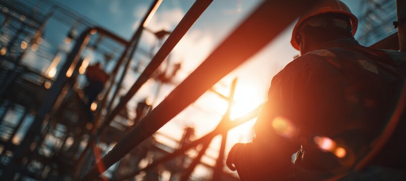 Engineers Inspecting Gas Storage Site with Morning Light and Lens Flare - Powered by Adobe
