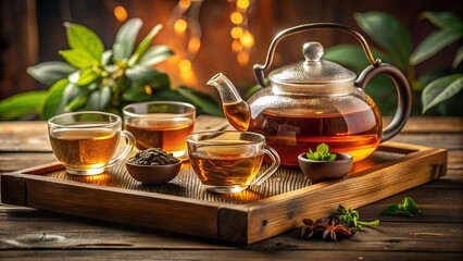 Elegant herbal tea service with glass teapot and cups on rustic wooden tray setting