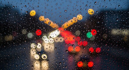 Raindrops on Window Glass with City Bokeh. rain droplets clinging to a glass window pane. Through the wet glass, the background shows a heavily blurred city street with colorful bokeh lights