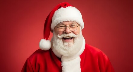 A cheerful Santa Claus with a big white beard and glasses laughing against a festive red background.