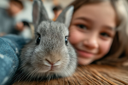 Enfant c&acirc;linant un petit lapin dans un d&eacute;cor naturel et chaleureux, portrait tendre montrant la complicit&eacute; entre l&rsquo;enfant et l&rsquo;animal