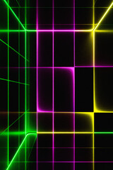 Abstract neon grid lines forming a futuristic 3d cube structure in vibrant green pink and yellow colors