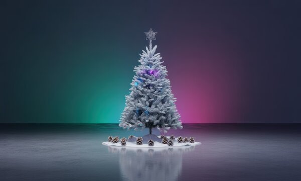 White Christmas tree, snow, lights, studio
