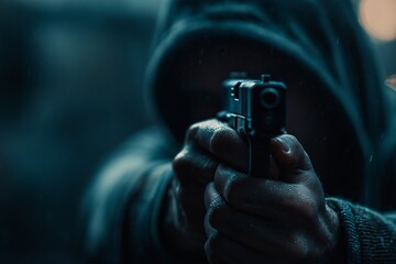 A shadowy figure aims a gun in a dimly lit space, evoking tension, danger, and criminal intrigue. Suspense, anonymity, and urban menace.