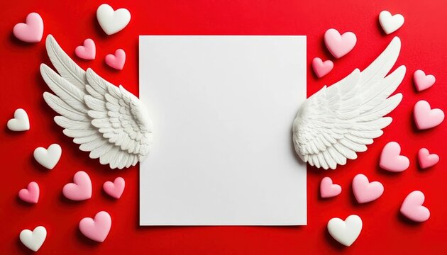 White angel wings frame a blank copy space surrounded by pink and red heart-shaped decorations on a vibrant red background for romantic themes and creative projects