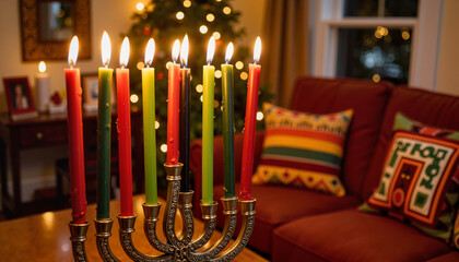 Festive Kwanzaa celebration with Kinara and lit candles, warm ambiance