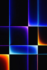 Abstract geometric grid pattern with vibrant glowing neon lines of blue purple and orange on black background