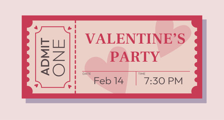Valentines day tickets templates. Vector coupons for party access with holiday symbols hearts and pink colors. Cute and romantic design.