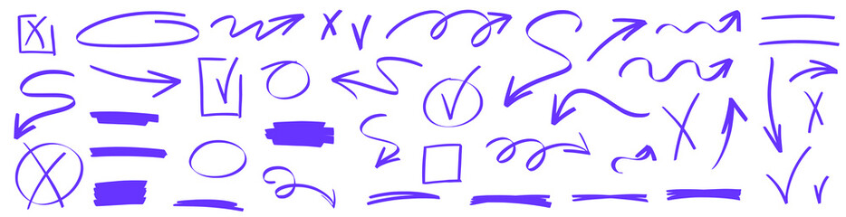 Sketchy arrow icons mixed with underline marks, textured marker lines and vivid highlight strokes. Each arrow blends underline with marker contrast and highlight brush softness.